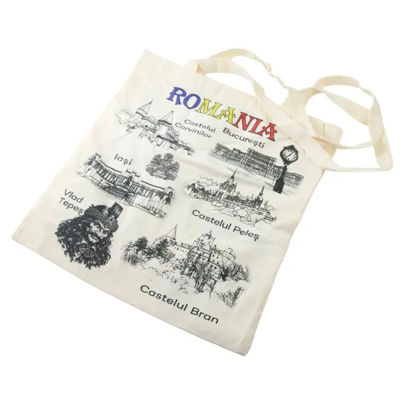 Sacosa textil, suvenir romania, 38 x 41 cm, castele